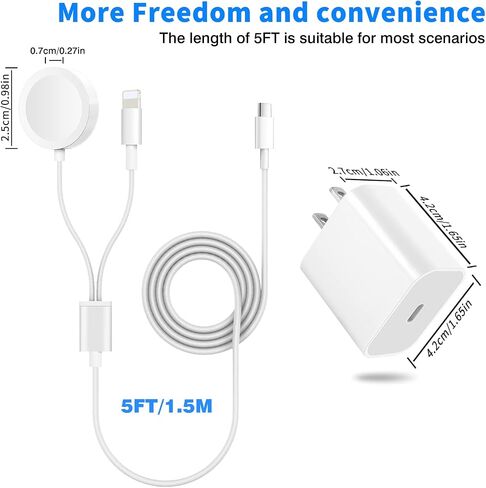 شاحن USB C مطور لساعة Apple، 2 في 1 شاحن iPhone وiWatch كابل شحن سريع مغناطيسي مع شاحن حائط سريع 20 وات لسلسلة ساعات Apple SE/8/7/6/5 وiPhone 14/13/12/11 (أبيض) in Saudi Arabia