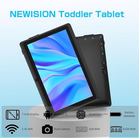 تابلت NEWISION Android للأطفال، 7 بوصات Android 11.0، ذاكرة وصول عشوائي 32 جيجابايت (قابلة للتوسيع 512 جيجابايت) معالج رباعي النواة، كاميرا مزدوجة، واي فاي، النوع C، تتضمن حافظة كمبيوتر لوحي (أزرق) in Kuwait