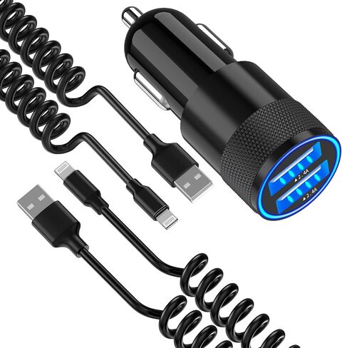 [معتمد من Apple MFi] شاحن سيارة iPhone سريع، 2 حزمة كابل Lightning ملفوف للسيارة ومحول شاحن سيارة سريع بمنفذ USB مزدوج 4.8 أمبير شحن سريع لهاتف iPhone 14/13/12/11Pro Max/X/XS/XR/8/7/ اى باد in Kuwait