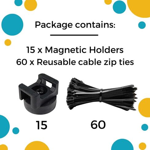 هاتسي حامل ربط مغناطيسي بسحاب للكيبلات يستخدم لادارة الكيبلات، 15 مغناطيس اسود يتضمن 60 رباط كيبل قابل لاعادة الاستخدام، شديد التحمل ومتعدد الاغراض in Kuwait