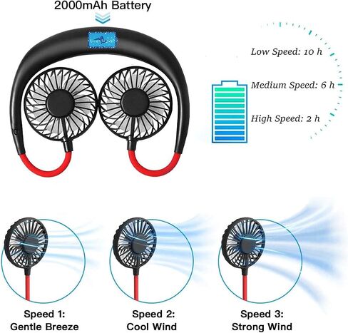 Hands Free Neck Fan, Portable Wearable fan, Rechargeable, Personal Sport Fans, USB Powered Desk Fan, 2000mAh Mini Fan for Traveling Outdoors Camping Office-Black/Red in Saudi Arabia