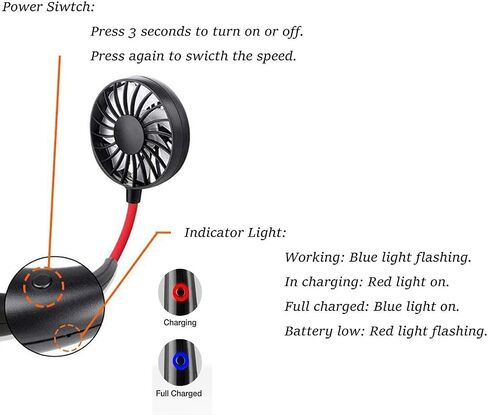 Hands Free Neck Fan, Portable Wearable fan, Rechargeable, Personal Sport Fans, USB Powered Desk Fan, 2000mAh Mini Fan for Traveling Outdoors Camping Office-Black/Red in Saudi Arabia