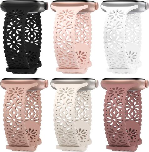 6 Pack Slim Thin Lace Hollow-out Silicone Bands Compatible with Apple Watch 38mm 40mm 41mm 42mm 44mm 45mm 46mm 49mm Women, Breathable Sport Strap for iWatch Series 11/10/9/8/7/6/5/4/3/2/1 Ultra SE in Saudi Arabia