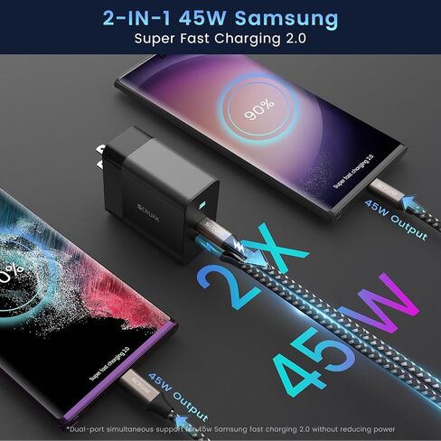 شاحن سامسونج فائق السرعة 45 وات من النوع C، شاحن حائط USB C بمنفذين 45 وات PD/PPS لهاتف Samsung Galaxy S23 Ultra/S23+/S23/S22 Ultra/S22+/S22/S20/Tab S8/S7، ماك بوك إير، آيباد مع سلك من النوع C بطول 6.6 قدم in Kuwait