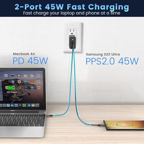 شاحن سامسونج فائق السرعة 45 وات من النوع C، شاحن حائط USB C بمنفذين 45 وات PD/PPS لهاتف Samsung Galaxy S23 Ultra/S23+/S23/S22 Ultra/S22+/S22/S20/Tab S8/S7، ماك بوك إير، آيباد مع سلك من النوع C بطول 6.6 قدم in Kuwait