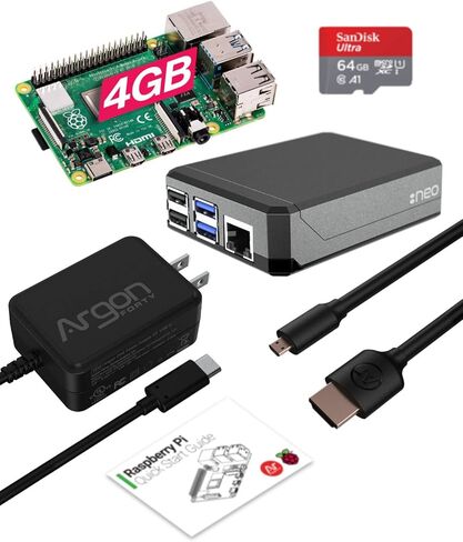 طقم أرجون NEO x Raspberry Pi 4 4 جيجا | حالة الألومنيوم | بطاقة SD سعة 64 جيجا | كابل مايكرو اتش دي ام اي الى اتش دي ام اي | مصدر طاقة بقدرة 18 وات من النوع C | دليل البدء السريع in Kuwait