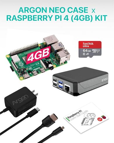 طقم أرجون NEO x Raspberry Pi 4 4 جيجا | حالة الألومنيوم | بطاقة SD سعة 64 جيجا | كابل مايكرو اتش دي ام اي الى اتش دي ام اي | مصدر طاقة بقدرة 18 وات من النوع C | دليل البدء السريع in Kuwait