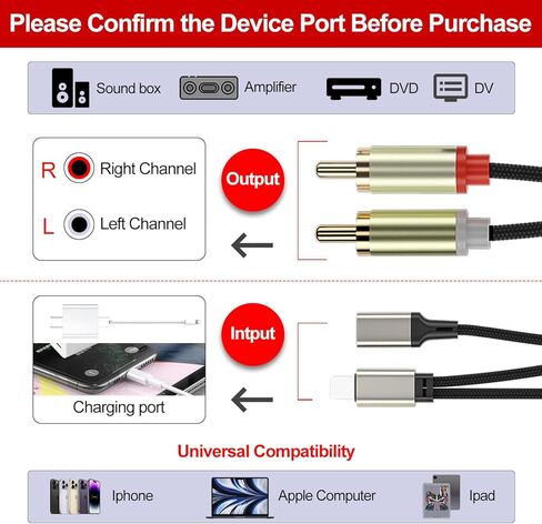 QSDXNYDC 3FT Lightning to RCA Cable Audio Converter Converter for iPhone 14 13 12 11 XS XR X 8 7 iPad iPod إلى ستيريو السيارة، المنزل، مكبر الصوت، سماعة الرأس، مكبرات الصوت، HDTV in Kuwait