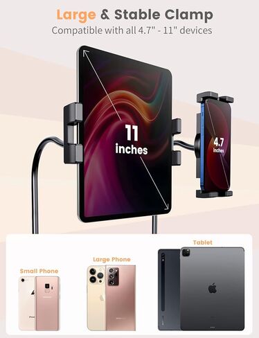 eSamcore Tablet Stand iPad Holder, Gooseneck Phone Holder for Bed Cell Phone Stand for Desk Recording, Powerful Phone Grip Clamp Mount Compatible with All 4.7" - 11" iPhone iPad Galaxy Tab Z Fold 3 in Kuwait