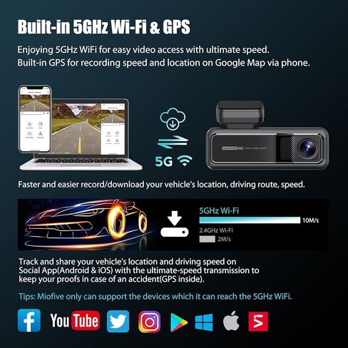 كاميرا قياس السيارة Miofive مع نظام تحديد المواقع والسرعة - كاميرا أمامية بدقة 4K مع شبكة WiFi 5G، ومسجل UHD 2160P، وتخزين eMMC مدمج 64G، ورؤية ليلية، ومستشعر G، واكتشاف الحركة ووضع وقوف السيارات مع مرور الوقت in Kuwait