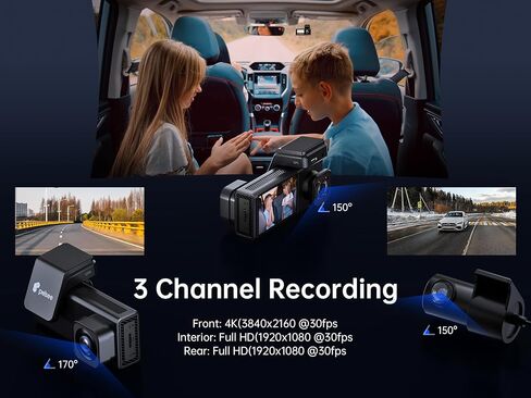 Pelsee P2 Trio 3 Channel 4K WiFi Dash Cam، 4K+1080P+1080P كاميرا أمامية وخلفية ثلاثية للسيارة، 4K+1080P Dual DashCam، رؤية ليلية بالأشعة تحت الحمراء، 5G Wi-Fi، التحكم الصوتي، GPS، وضع انتظار السيارات 24 ساعة، بطاقة مجانية سعة 64 جيجابايت in Kuwait