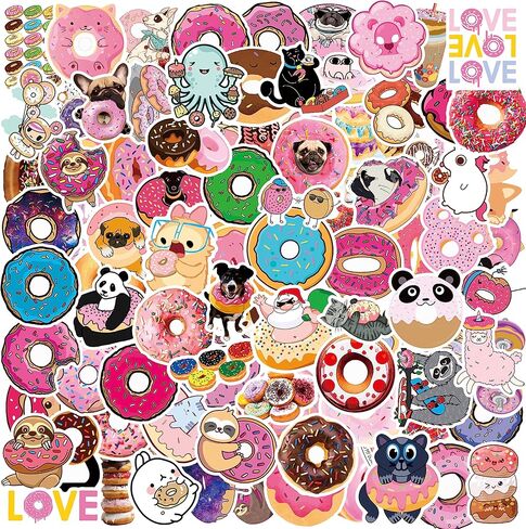 LOVELYLIFE 100pcs Donut Stickers Cute Snack Sweet Candy Stickers Biscuits Dessert Vinyl Waterproof Doughnut Stickers for Adults Teens Kids Girls Boys for Journaling Hydroflask Water Bottle Luggage Guitar Skateboard Computer Laptop Phone Case Decor (pink-d in Kuwait
