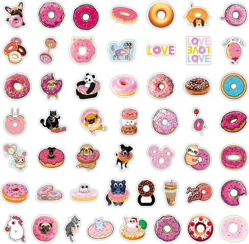 LOVELYLIFE 100pcs Donut Stickers Cute Snack Sweet Candy Stickers Biscuits Dessert Vinyl Waterproof Doughnut Stickers for Adults Teens Kids Girls Boys for Journaling Hydroflask Water Bottle Luggage Guitar Skateboard Computer Laptop Phone Case Decor (pink-d in Kuwait