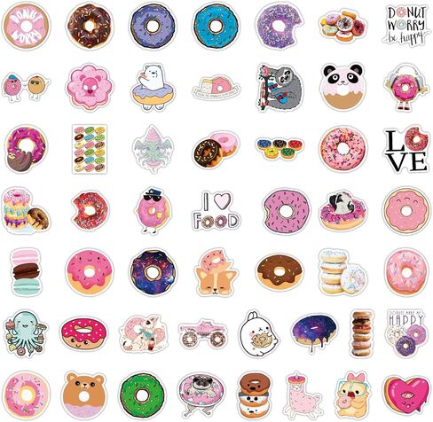 LOVELYLIFE 100pcs Donut Stickers Cute Snack Sweet Candy Stickers Biscuits Dessert Vinyl Waterproof Doughnut Stickers for Adults Teens Kids Girls Boys for Journaling Hydroflask Water Bottle Luggage Guitar Skateboard Computer Laptop Phone Case Decor (pink-d in Kuwait