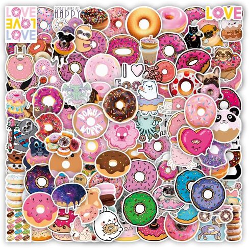 LOVELYLIFE 100pcs Donut Stickers Cute Snack Sweet Candy Stickers Biscuits Dessert Vinyl Waterproof Doughnut Stickers for Adults Teens Kids Girls Boys for Journaling Hydroflask Water Bottle Luggage Guitar Skateboard Computer Laptop Phone Case Decor (pink-d in Kuwait