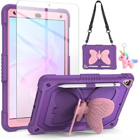 for iPad 9th 8th 7th Generation Case with Screen Protector Butterfly Stand Shoulder Strap Key Chain Pencil Holder, iPad 10.2 Case Kids Girls Hard Cover for iPad 9th/8th/7th (2021/2020/2019)-Pink Blue