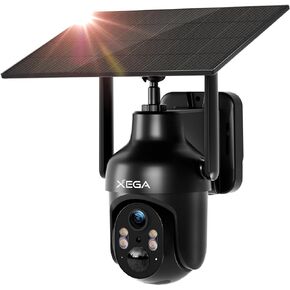 Xega WiFi Solar Security Camera, HD PTZ Wireless Outdoor IP Camera Surveillance Rechargeable Battery with Solar Panel, IR Night Vision, 2-Way Audio, PIR Human Detection, IP66 Waterproof, 2.4GHz