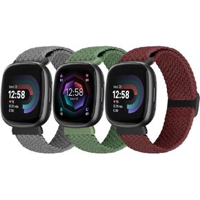 BTTNG Elastic Braided Bands Compatible with Fitbit Versa 3/Versa 4/Sense 2/Sense Women Men, 3 Pack Adjustable Stretchy Nylon Bracelets Solo Loop Sports Wristband for Versa 3/Versa 4/Sense 2/Sense