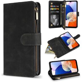 ZZXX Samsung Galaxy A14 5G Wallet Case with RFID Blocking Card Slot PU Leather Zipper Flip Folio with Strap Kickstand Protective Cover for Samsung Galaxy A14 5G Case Wallet(Black-6.6 inch) in Kuwait