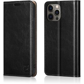Belemay iPhone 12/12 Pro Wallet Case - Genuine Leather, RFID Blocking, Card Holder, TPU Shell, Kickstand, Brown
