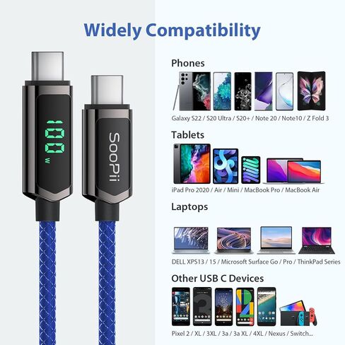 SOOPII 100W USB C to USB C Cable, 4FT Nylon Braided Type-C Cable, PD Fast Charging Cable with LED Display for lPhone 15/15 Pro/15 Plus/15 Pro Max, MacBook Pro, Samsung Galaxy S22/S10, Pixel, LG in Saudi Arabia