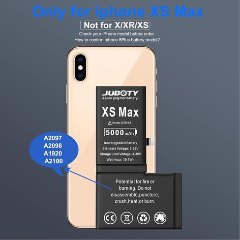 بطارية JUBOTY لهاتف iPhone Xs Max 5000 مللي أمبير في الساعة، بطارية ليثيوم أيون داخلية جديدة مطورة 0 دورة عالية السعة بديلة لهاتف iPhone Xs Max موديل A1921 A2101 A2102 A2104 مع مجموعة أدوات إصلاح احترافية in Kuwait