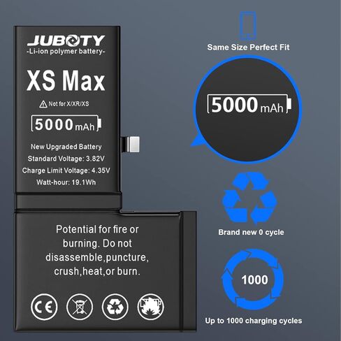 بطارية JUBOTY لهاتف iPhone Xs Max 5000 مللي أمبير في الساعة، بطارية ليثيوم أيون داخلية جديدة مطورة 0 دورة عالية السعة بديلة لهاتف iPhone Xs Max موديل A1921 A2101 A2102 A2104 مع مجموعة أدوات إصلاح احترافية in Kuwait