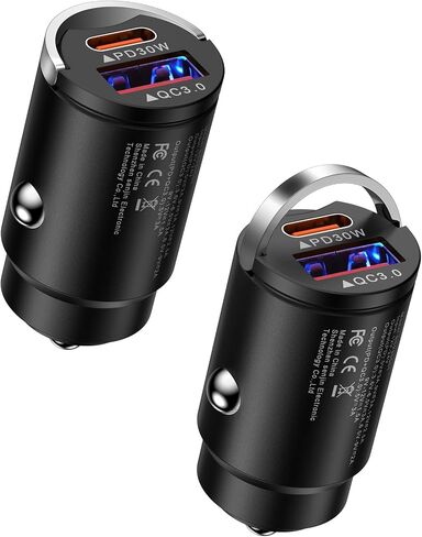 شاحن سيارة 30 واط USB C، 2 حزمة شاحن هاتف سيارة من النوع C Mini PD&QC 3.0 محول ولاعة سجائر مزدوج المنفذ شحن سريع USB منفذ قابس السيارة لهاتف iPhone 15 14 13 Samsung Galaxy A14 S22 S23 Google Pixel 8 in Kuwait