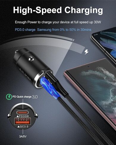 شاحن سيارة 30 واط USB C، 2 حزمة شاحن هاتف سيارة من النوع C Mini PD&QC 3.0 محول ولاعة سجائر مزدوج المنفذ شحن سريع USB منفذ قابس السيارة لهاتف iPhone 15 14 13 Samsung Galaxy A14 S22 S23 Google Pixel 8 in Kuwait
