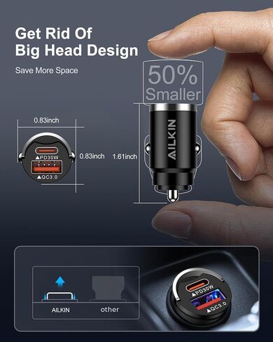 شاحن سيارة 30 واط USB C، 2 حزمة شاحن هاتف سيارة من النوع C Mini PD&QC 3.0 محول ولاعة سجائر مزدوج المنفذ شحن سريع USB منفذ قابس السيارة لهاتف iPhone 15 14 13 Samsung Galaxy A14 S22 S23 Google Pixel 8 in Kuwait