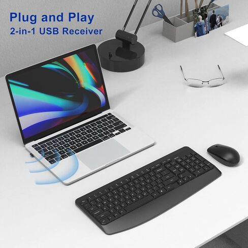مجموعة كيبورد وماوس لاسلكية، كيبورد وماوس مريح مع مسند راحة اليد، 2.4 جيجا هرتز بالحجم الكامل وماوس لاسلكي للكمبيوتر/الكمبيوتر المكتبي/اللابتوب/ويندوز من فيفوكس in Kuwait