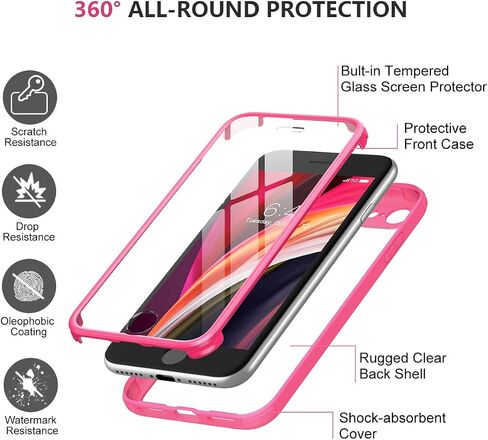 Miracase iPhone SE Case 2020 2022/ iPhone 8 Case, Full-Body Glass Back with Built-in Glass Screen Protector, Rugged iPhone SE Phone Case 3rd Generation/ 2nd Gen, Clear Hard Cover Bumper for SE, Red in Saudi Arabia