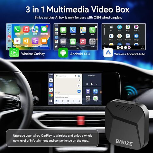 BINIZE CarPlay AI Box Android 13، 8GB+128GB، 8 النواة، متوافق مع CarPlay اللاسلكي وAndroid Auto اللاسلكي، صندوق البث السحري للسيارات مع OEM Wired CarPlay، Netflix، YouTube Hulu، Disney+ in Kuwait