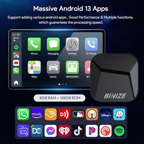 BINIZE CarPlay AI Box Android 13، 8GB+128GB، 8 النواة، متوافق مع CarPlay اللاسلكي وAndroid Auto اللاسلكي، صندوق البث السحري للسيارات مع OEM Wired CarPlay، Netflix، YouTube Hulu، Disney+ in Kuwait