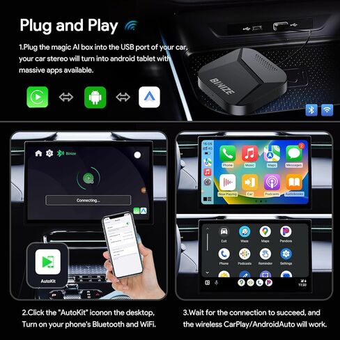 BINIZE CarPlay AI Box Android 13، 8GB+128GB، 8 النواة، متوافق مع CarPlay اللاسلكي وAndroid Auto اللاسلكي، صندوق البث السحري للسيارات مع OEM Wired CarPlay، Netflix، YouTube Hulu، Disney+ in Kuwait