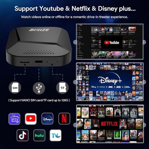 BINIZE CarPlay AI Box Android 13، 8GB+128GB، 8 النواة، متوافق مع CarPlay اللاسلكي وAndroid Auto اللاسلكي، صندوق البث السحري للسيارات مع OEM Wired CarPlay، Netflix، YouTube Hulu، Disney+ in Kuwait