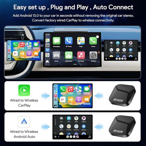BINIZE CarPlay AI Box Android 13، 8GB+128GB، 8 النواة، متوافق مع CarPlay اللاسلكي وAndroid Auto اللاسلكي، صندوق البث السحري للسيارات مع OEM Wired CarPlay، Netflix، YouTube Hulu، Disney+ in Kuwait
