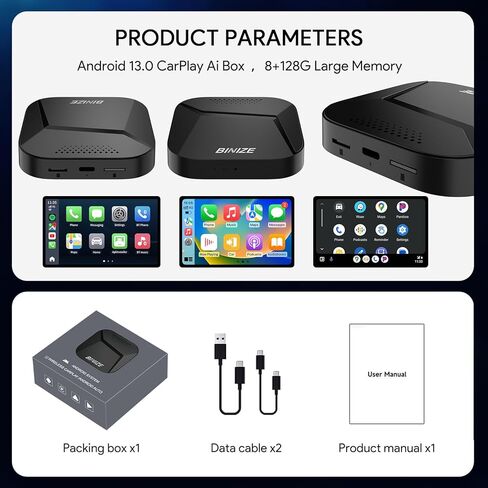 BINIZE CarPlay AI Box Android 13، 8GB+128GB، 8 النواة، متوافق مع CarPlay اللاسلكي وAndroid Auto اللاسلكي، صندوق البث السحري للسيارات مع OEM Wired CarPlay، Netflix، YouTube Hulu، Disney+ in Kuwait