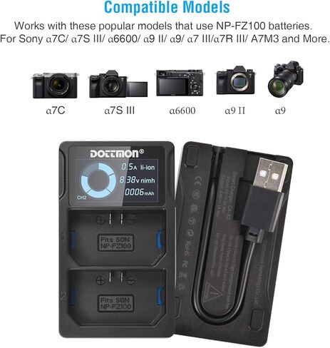شاحن USB مزدوج DOTTMON لبطارية Sony NP-FZ100، متوافق مع كاميرا Sony Alpha A7III، A7RIII، A9، A7R3، A6600، A7RIV، A7C، A9II، A1، ILME-FX3 مع شاشة LCD in Kuwait