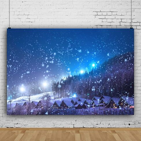 Leowefowa 5x3ft Christmas Backdrop Rustic Village Night View Forest Trees Snowing Shining Lights Blue Sky Winter Xmas Vinyl Photography Background Kids Children Adults Photo Studio Props in Kuwait