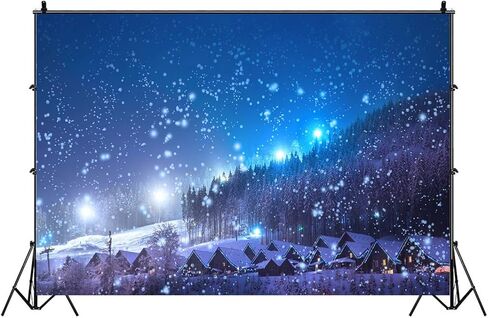 Leowefowa 5x3ft Christmas Backdrop Rustic Village Night View Forest Trees Snowing Shining Lights Blue Sky Winter Xmas Vinyl Photography Background Kids Children Adults Photo Studio Props in Kuwait