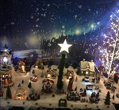 Leowefowa 5x3ft Christmas Backdrop Rustic Village Night View Forest Trees Snowing Shining Lights Blue Sky Winter Xmas Vinyl Photography Background Kids Children Adults Photo Studio Props in Kuwait