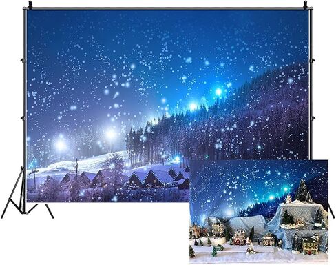 Leowefowa 5x3ft Christmas Backdrop Rustic Village Night View Forest Trees Snowing Shining Lights Blue Sky Winter Xmas Vinyl Photography Background Kids Children Adults Photo Studio Props in Kuwait