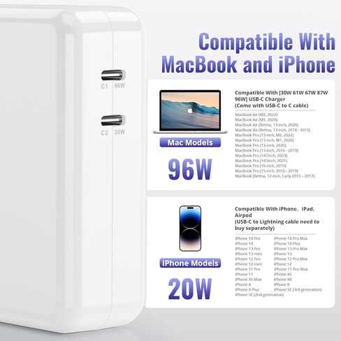 96W Fast Charger for MacBook Pro 13 14 15 inch and MacBook Air 13-inch M1 M2 Charger 2016 to 2023 96W 87W 70W 61W 30W, 20W for iPhone, iPad, etc - Dual USB C Charger for 15W to 96W USB-C PD Devices in Kuwait