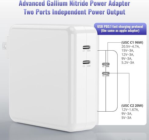 96W Fast Charger for MacBook Pro 13 14 15 inch and MacBook Air 13-inch M1 M2 Charger 2016 to 2023 96W 87W 70W 61W 30W, 20W for iPhone, iPad, etc - Dual USB C Charger for 15W to 96W USB-C PD Devices in Kuwait