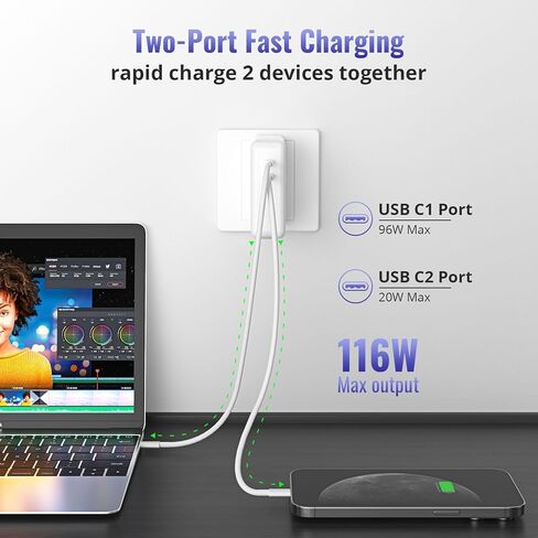 96W Fast Charger for MacBook Pro 13 14 15 inch and MacBook Air 13-inch M1 M2 Charger 2016 to 2023 96W 87W 70W 61W 30W, 20W for iPhone, iPad, etc - Dual USB C Charger for 15W to 96W USB-C PD Devices in Kuwait