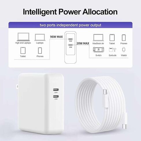 96W Fast Charger for MacBook Pro 13 14 15 inch and MacBook Air 13-inch M1 M2 Charger 2016 to 2023 96W 87W 70W 61W 30W, 20W for iPhone, iPad, etc - Dual USB C Charger for 15W to 96W USB-C PD Devices in Kuwait