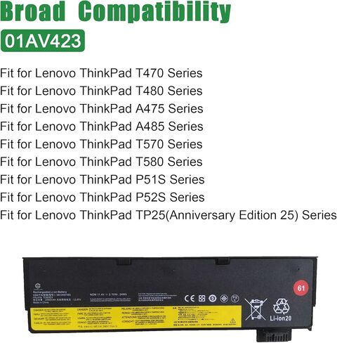 JIAZIJIA 01AV423 SB10K97580 استبدال بطارية الكمبيوتر المحمول لينوفو ثينك باد T470 T480 A475 A485 T570 T580 P51S P52S TP25 Series 61 4X50M08810 01AV422 SB10K97579 01AV424 01AV452 01AV490 11 .4 فولت 24 وات في الساعة in Saudi Arabia
