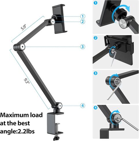 BEWISER Tablet Stand Holder Desk Mount,360°Rotating Flexibly, Angle Adjustable Long Arm, Folding Aluminium Alloy Compatible with4.7-13" Phone or Tablet in Kitchen/Office(White) in Kuwait
