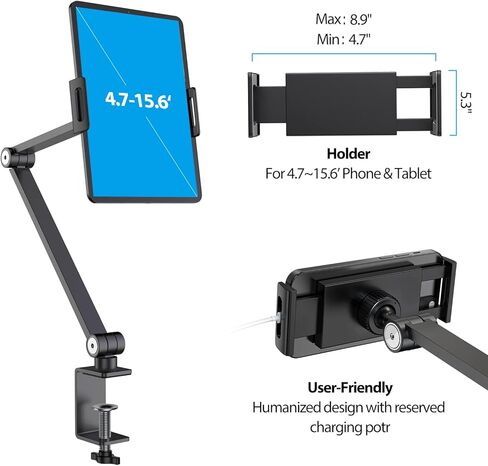BEWISER Tablet Stand Holder Desk Mount,360°Rotating Flexibly, Angle Adjustable Long Arm, Folding Aluminium Alloy Compatible with4.7-13" Phone or Tablet in Kitchen/Office(White) in Kuwait
